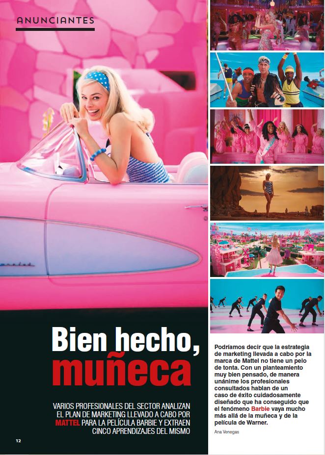 omposición visual del artículo sobre la campaña de Barbie que incluye una imagen principal de Margot Robbie como Barbie en un coche rosa, junto con 6 fotogramas de la película mostrando diferentes escenas y ambientaciones. El titular 'Bien hecho, muñeca' destaca en la parte inferior junto al subtítulo explicativo del análisis de marketing.