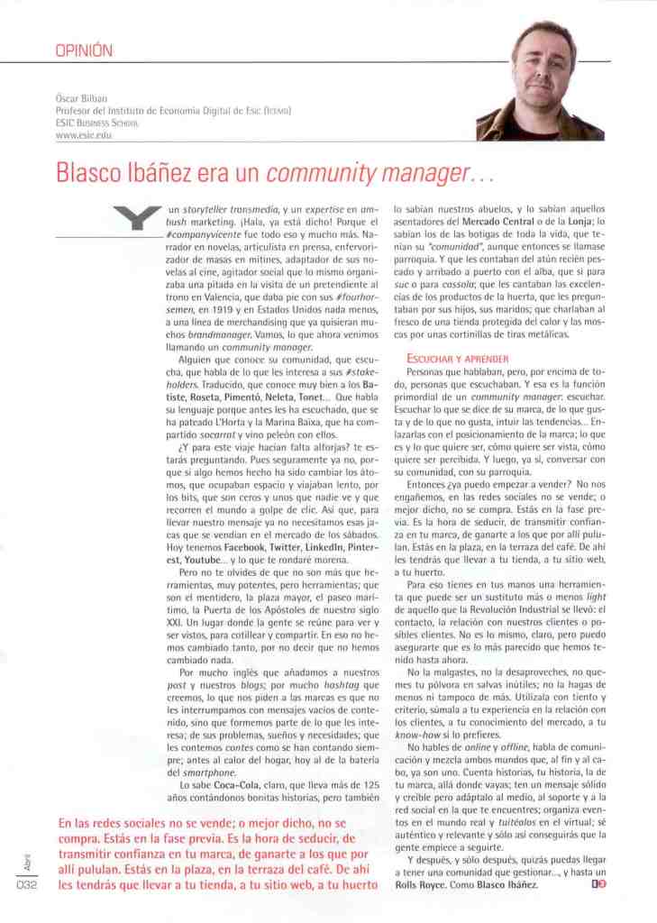 Artículo original "Blasco Ibáñez era un community manager" publicado en revista Economía3 abril 2013 por Óscar Bilbao