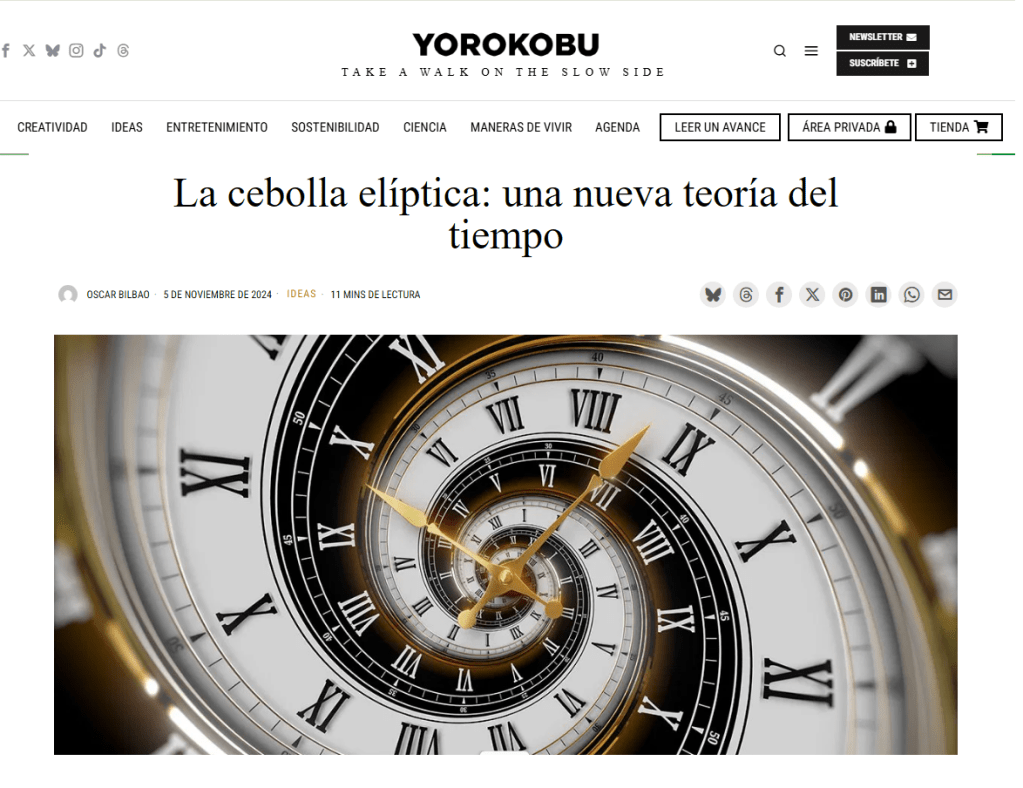 Ilustración conceptual de la cebolla elíptica como metáfora del tiempo según Óscar Bilbao - espiral temporal que representa las capas de la vida entre lo orgánico y lo digital