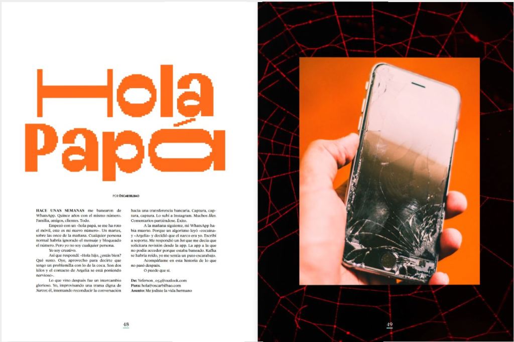 Portada del relato Hola Papá en Yorokobu número 146, con tipografía naranja sobre fondo blanco y fotografía de un móvil roto sobre fondo naranja y negro.